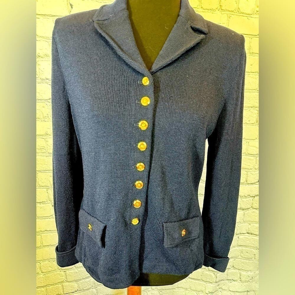 St John Navy Blue Knit Blazer with Gold Buttons